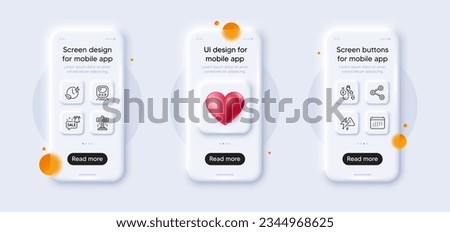 Charging time, Charging cable and Metro line icons pack. 3d phone mockups with heart. Glass smartphone screen. Share, Attraction, Lightning bolt web icon. Promotion bell, Calendar pictogram. Vector