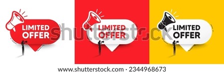 Limited offer tag. Speech bubble with megaphone and woman silhouette. Special promo sign. Sale promotion symbol. Limited offer chat speech message. Woman with megaphone. Vector