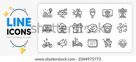Cross sell, E-bike and Popcorn line icons set for app include Fish school, Web shop, Smile outline thin icon. Sleep, Calendar, Roller coaster pictogram icon. Home grill, Dog leash. Vector
