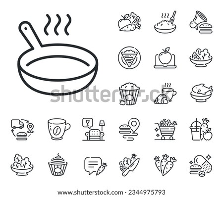 Cooking sign. Crepe, sweet popcorn and salad outline icons. Frying pan line icon. Food preparation symbol. Frying pan line sign. Pasta spaghetti, fresh juice icon. Supply chain. Vector