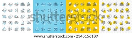 Vector icons set of Truck parking, Gift and Delivery route line icons pack for web with Cancel flight, Battery, Backpack outline icon. Tractor, Metro, Gas station pictogram. Flag. Vector
