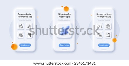 Bell alert, Hot sale and Buy currency line icons pack. 3d phone mockups with cursor. Glass smartphone screen. Innovation, Handout, Coffee machine web icon. Gamepad, Software pictogram. Vector