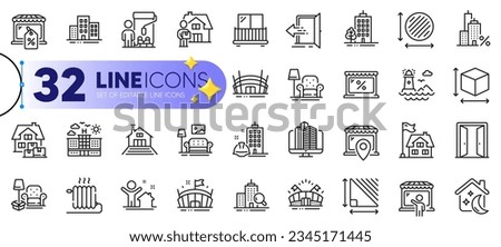 Outline set of Triangle area, Lighthouse and Buildings line icons for web with Market location, Construction building, Entrance thin icon. Delivery man, Painter, Open door pictogram icon. Vector