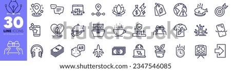 Online storage, Food delivery and Station line icons pack. T-shirt design, Internet warning, Puzzle options web icon. Dollar, Login, Give present pictogram. Bio tags, Coffee cup, Dishwasher. Vector