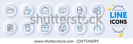 Recovery hdd, Internet app and Security line icons for web app. Pack of Sunny weather, Text message, Stress pictogram icons. Baggage, Chlorine mineral, Mail signs. Gift box, Road. Vector