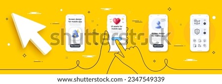 Inspiration, Phone protect and Online access line icons pack. Phone screen mockup with 3d alert bell, health and headshot. Like app, Click, Waterproof web icon. Vector