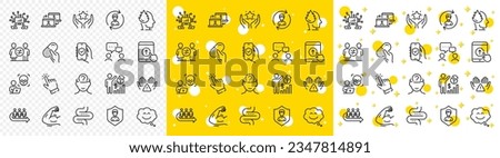 Outline People chatting, Teamwork and Cyber attack line icons pack for web with Smile chat, Cursor, Strong arm line icon. Intestine, Security app, Stress pictogram icon. Queue. Vector