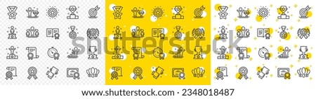 Winner cup, goal target, certificate. Success line icons. Reward, medal with ribbon, crown icons. Award, winner podium, first place success. Statue, diploma with certificate, challenge. Vector