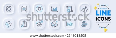 Certificate, Upper arrows and Checklist line icons for web app. Pack of Intestine, Noise, Puzzle pictogram icons. Timer, Analytics chart, No hearing signs. Aluminium mineral, Dot plot. Vector