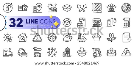 Outline set of Inspect, Intersection arrows and Building energy line icons for web with Skyscraper buildings, Lightning bolt, Power info thin icon. Engineering team, Innovation. Vector