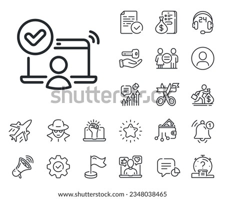Approved notebook sign. Salaryman, gender equality and alert bell outline icons. Confirmed online access line icon. Verified user symbol. Online access line sign. Vector