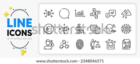 Fingerprint, Algorithm and Euro money line icons set for app include Artificial intelligence, Chemistry molecule, Love mail outline thin icon. Calendar, Salary, Lightning bolt pictogram icon. Vector