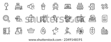Icons pack as Education, Bordeaux glass and Loud sound line icons for app include Table lamp, Shopping basket, Lock outline thin icon web set. Train, Cursor, Time management pictogram. Vector
