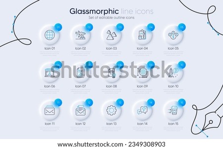 Set of Bitcoin project, Circle area and Coffee delivery line icons for web app. Lightning bolt, Report document, Dog certificate icons. Mail, Globe, Delivery plane signs. Attention. Vector