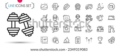 Pack of Return package, Glass and User notification line icons. Include Laptop, Loyalty ticket, Megaphone pictogram icons. Click hand, Medical tablet, Heart signs. Tap water. Vector