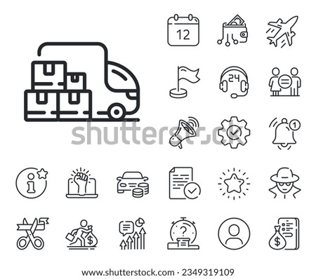 Warehouse boxes sign. Salaryman, gender equality and alert bell outline icons. Delivery truck line icon. Wholesale goods symbol. Delivery truck line sign. Spy or profile placeholder icon. Vector