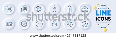 Ph neutral, Cloud network and Swipe up line icons for web app. Pack of Uv protection, 360 degrees, Engineering documentation pictogram icons. Nurse, Timer, Battery charging signs. Vector
