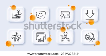 Wallet, Smile chat and Loyalty program line icons pack. 3d glass buttons with blurred circles. Sharing economy, Online storage, Downloading web icon. Cut tax, Fingerprint pictogram. Vector