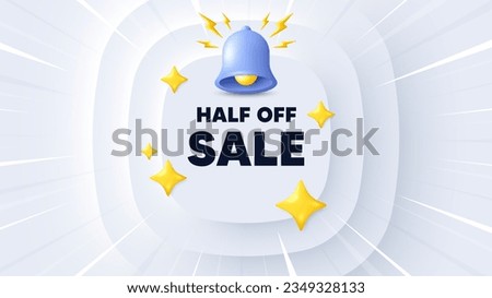 Half off sale. Neumorphic banner with sunburst. Special offer price sign. Advertising discounts symbol. Half off sale message. Banner with 3d bell. Circular neumorphic template. Vector