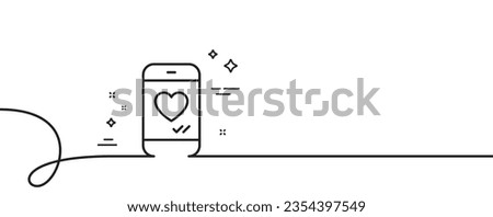 Phone with heart line icon. Continuous one line with curl. Social media like sign. Smartphone Love message symbol. Love chat single outline ribbon. Loop curve pattern. Vector