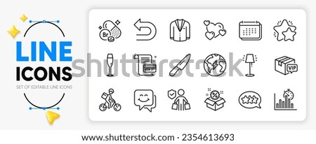 Smile face, Payment card and Calendar line icons set for app include Electricity, Bromine mineral, Undo outline thin icon. Champagne glass, Sale, Heart pictogram icon. Report timer, Star. Vector