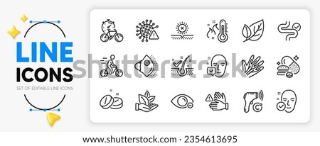 High thermometer, No sun and Bike timer line icons set for app include Myopia, Medical mask, Veins outline thin icon. Covid virus, Digestion, Medical tablet pictogram icon. Vector