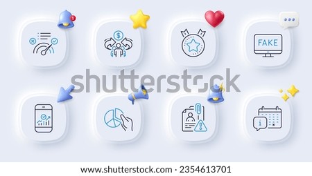 Fake news, Correct answer and Sharing economy line icons. Buttons with 3d bell, chat speech, cursor. Pack of Calendar, Ranking star, Pie chart icon. Vector