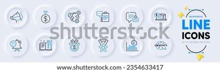 Contactless payment, New message and Time management line icons for web app. Pack of Creativity, Clipboard, Online accounting pictogram icons. Approved, Video conference, Winner ribbon signs. Vector