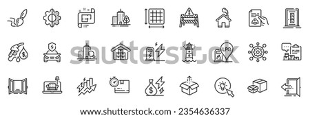 Icons pack as Petrol station, Send box and Home line icons for app include Lighthouse, Skyscraper buildings, Consumption growth outline thin icon web set. Inspect, Square area. Vector