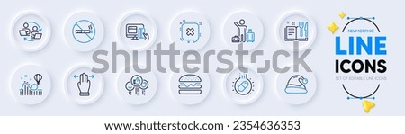 Burger, No smoking and Santa hat line icons for web app. Pack of Reject, Online payment, Recipe book pictogram icons. Airport transfer, Roller coaster, Teamwork process signs. Like. Vector