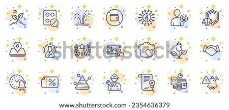Outline set of Love cooking, Attention bell and Chemistry lab line icons for web app. Include Eco power, Budget accounting, Repairman pictogram icons. Grow plant, Ranking, User idea signs. Vector