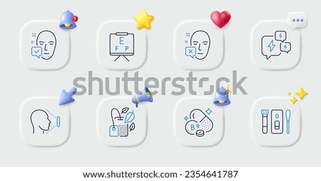 Vision board, Mint bag and Face accepted line icons. Buttons with 3d bell, chat speech, cursor. Pack of Folate vitamin, Face id, Stress icon. Covid test pictogram. For web app, printing. Vector