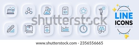 Investment, Box size and Cyber attack line icons for web app. Pack of Edit statistics, Ranking star, Chemistry lab pictogram icons. Agent, Chemistry molecule, Star signs. View document. Vector