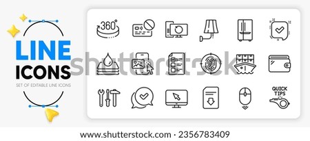Fingerprint, Voting ballot and Approved line icons set for app include Tutorials, Confirmed, Wall lamp outline thin icon. Download file, Phone image, Refrigerator pictogram icon. Vector