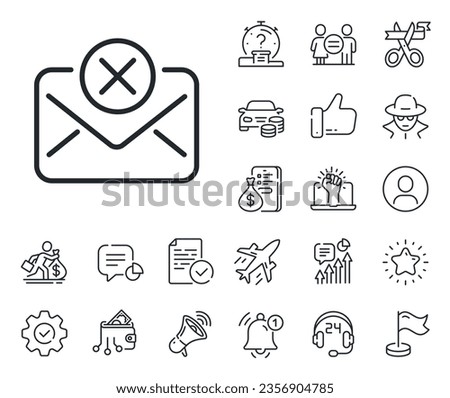 Delete message sign. Salaryman, gender equality and alert bell outline icons. Reject mail line icon. Decline web letter. Reject mail line sign. Spy or profile placeholder icon. Vector
