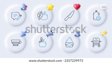 Chat bubble, Refill water and Ice cream line icons. Buttons with 3d bell, chat speech, cursor. Pack of Knife, Gas grill, Mocha icon. Apple, Eco food pictogram. For web app, printing. Vector