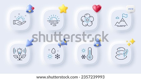 Incubator, Mountain flag and Pillow line icons. Buttons with 3d bell, chat speech, cursor. Pack of Weather thermometer, Weather, Natural linen icon. Sunrise pictogram. For web app, printing. Vector