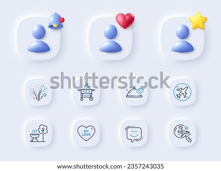 Gas grill, Search flight and Smile face line icons. Placeholder with 3d bell, star, heart. Pack of My love, Grill, Fireworks icon. Romantic dinner, Airplane mode pictogram. Vector