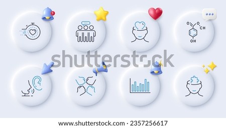 Chemical formula, Mental conundrum and Mental health line icons. Buttons with 3d bell, chat speech, cursor. Pack of Whisper, Squad, Bar diagram icon. Employees group, Timer pictogram. Vector