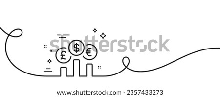 Currency rates line icon. Continuous one line with curl. Money exchange sign. Stock trade symbol. Currency rate single outline ribbon. Loop curve pattern. Vector