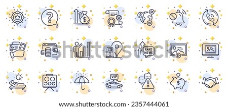 Outline set of Photo thumbnail, Mute sound and Question mark line icons for web app. Include Start presentation, Vision board, Warning pictogram icons. Construction document, Handshake. Vector