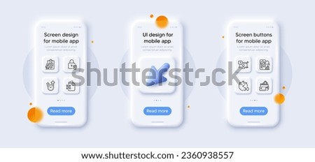 Phone search, Money and Timer line icons pack. 3d phone mockups with cursor. Glass smartphone screen. Fingerprint lock, Fingerprint, Time management web icon. Vector