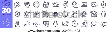 Online shopping, Face declined and Shipment line icons pack. Internet pay, Heart, Cloud upload web icon. Winner cup, Travel luggage, Coins banknote pictogram. Chemical formula. Vector