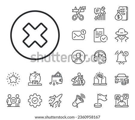 Remove sign. Salaryman, gender equality and alert bell outline icons. Delete line icon. Cancel or Close symbol. Close button line sign. Spy or profile placeholder icon. Online support, strike. Vector