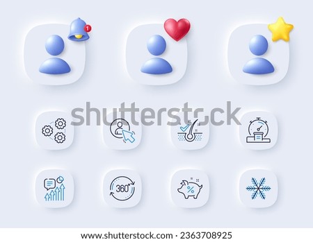 Kpi, Gears and Loan percent line icons. Placeholder with 3d bell, star, heart. Pack of Snowflake, Anti-dandruff flakes, Full rotation icon. User, Timer pictogram. For web app, printing. Vector