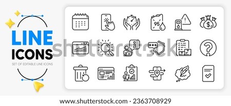 Website statistics, Interview and Shield line icons set for app include Calendar, Question mark, Inspect outline thin icon. Petrol canister, Inventory checklist. Yellow 3d stars with cursor. Vector