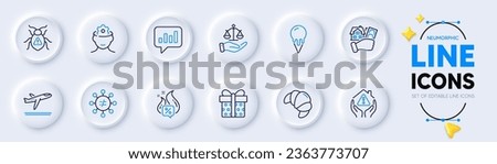 Croissant, Software bug and Buying house line icons for web app. Pack of Analytical chat, Ice cream, Justice scales pictogram icons. Gift box, Brain working, Hot offer signs. Vector