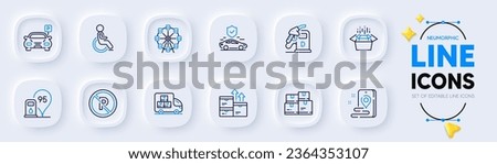 Wholesale inventory, Parking and Ferris wheel line icons for web app. Pack of Packing boxes, Transport insurance, Delivery truck pictogram icons. Wholesale goods, Diesel station. Vector