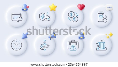 Block diagram, Radiator and Time management line icons. Buttons with 3d bell, chat speech, cursor. Pack of Calendar, Heart rating, Currency exchange icon. Vector