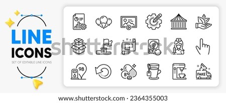 Recovery hdd, Ice creams and Coffee maker line icons set for app include Settings gear, Packing boxes, Tea outline thin icon. Petrol station, Winner flag, Architectural plan pictogram icon. Vector